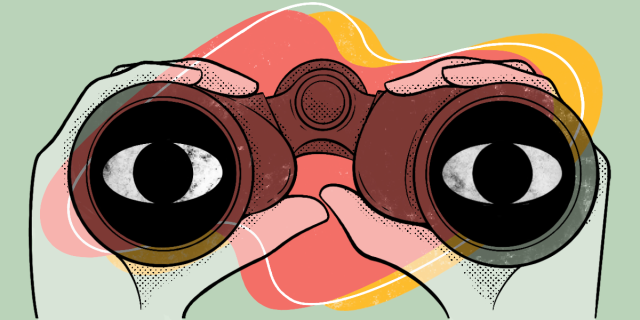 An illustration of a shapeless object in pink and yellow in the background, with a pair of binoculars in the foreground.