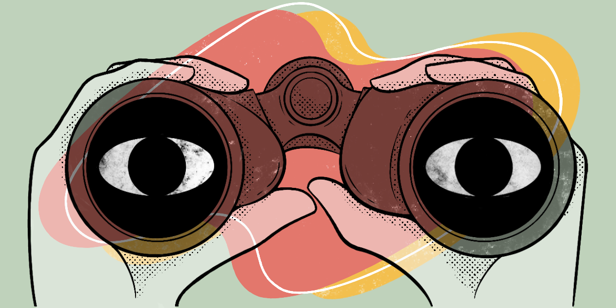 An illustration of a shapeless object in pink and yellow in the background, with a pair of binoculars in the foreground.