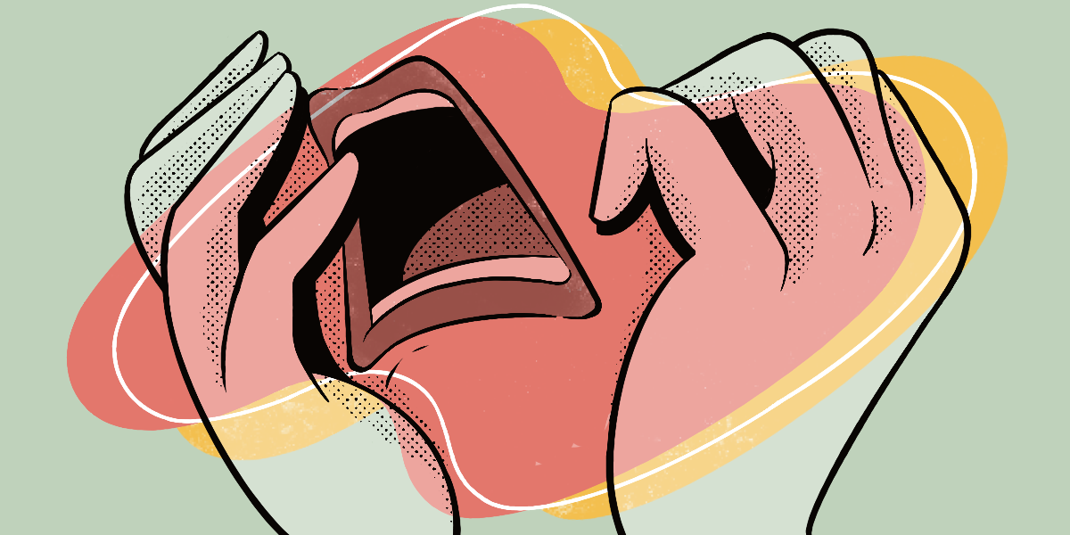 An illustration showing a shapeless yellow and pink cloud in the background with a pair of lips in an expression of agony and hands in a similar expression beside them.
