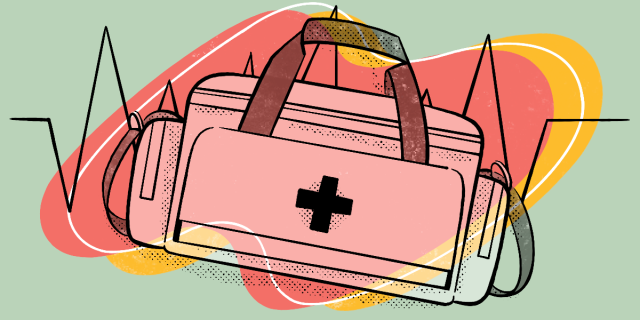 An illustration showing a pink and yellow cloud in the background with a medic's bag in the foreground.