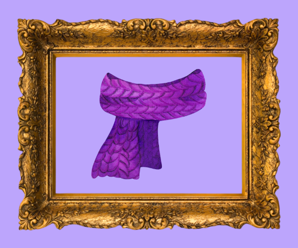 an illustration of a purple scarf within a gold frame