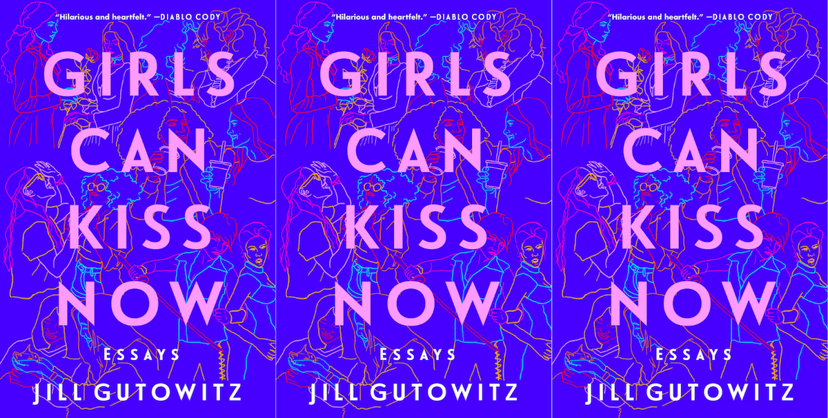 Jill Gutowitz's book cover for her debut essay collection Girls Can Kiss Now is dark purple with pink font and many line drawing illustrations of cool lesbians in the background