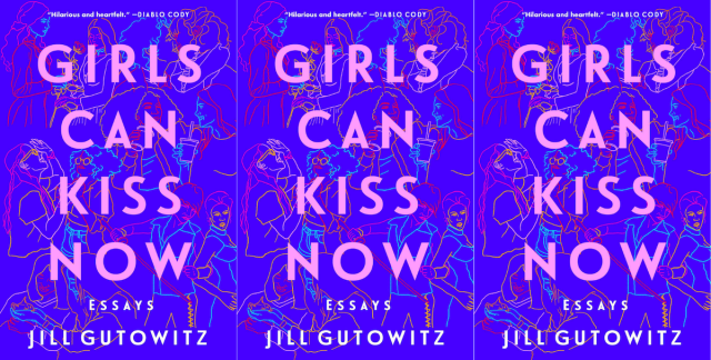Jill Gutowitz's book cover for her debut essay collection Girls Can Kiss Now is dark purple with pink font and many line drawing illustrations of cool lesbians in the background