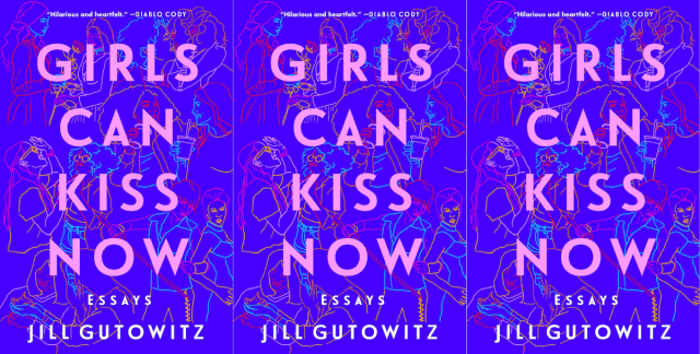 Jill Gutowitz's book cover for her debut essay collection Girls Can Kiss Now is dark purple with pink font and many line drawing illustrations of cool lesbians in the background