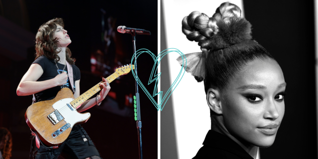 Photo 1: King Princess performs onstage with a guitar. Photo 2: Amandla Stenberg stares at the camera in black and white. There's a broken heart between them.