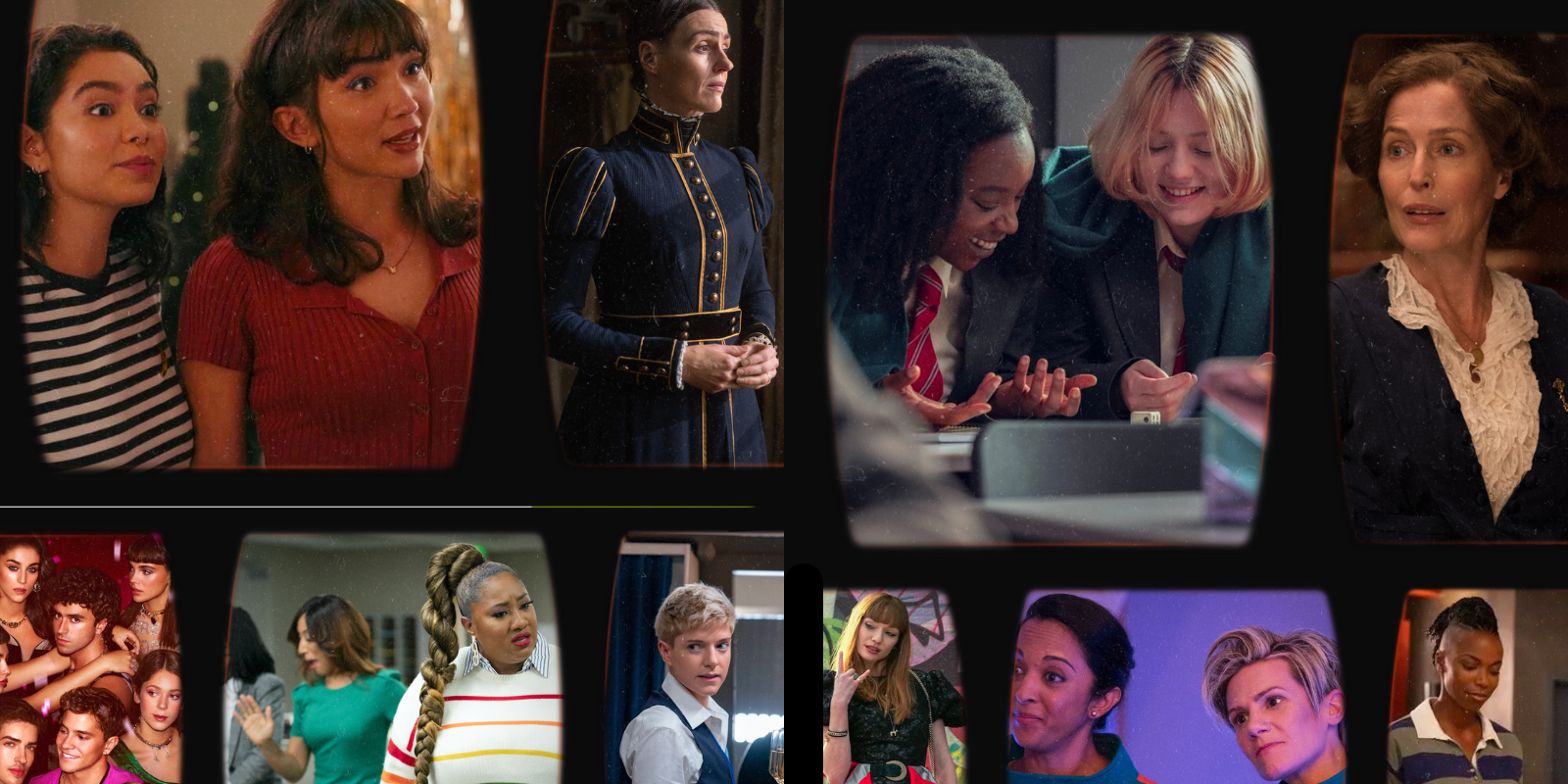 feature image of Crush, Gentleman jack, Heartstopper, First Lady, Elite, black lady Sketch Show, The Flight Attendant, Outcasts, Moonshot, Woke