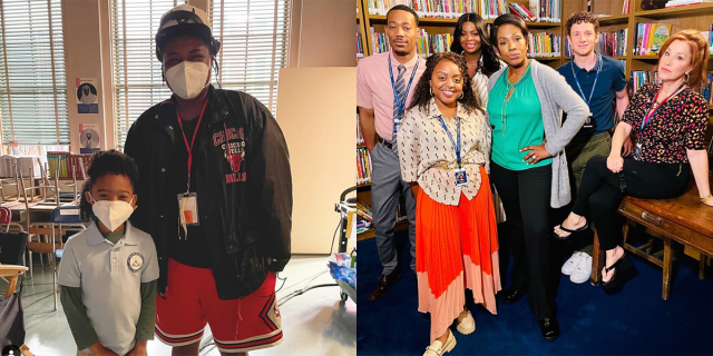 two-photo collage: brittani nichols in chicago bulls gear on the set of abbott elementary, and the cast of abbott elementary in a library