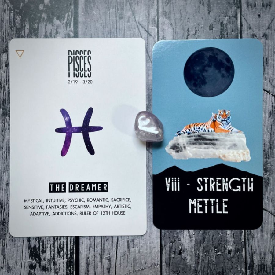 Strength Mettle is a card with a bright blue sky and a pitch black moon, and in a collage an illustration of a tiger floats on a cloud, next to it is a card that says Pisces is The Dreamer