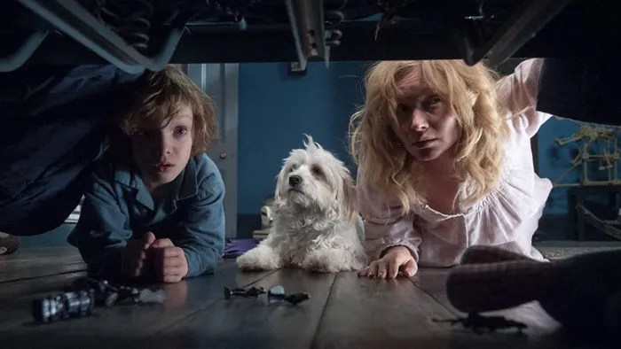 kiddos and a cute white fluffy dog looking under the bed