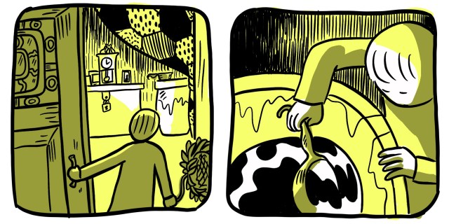 In a two panel comic that's colored in shades of yellow, Yao walks into a kitchen at night and then finds themself over a large pot of dark soup, which they stir with a spoon.