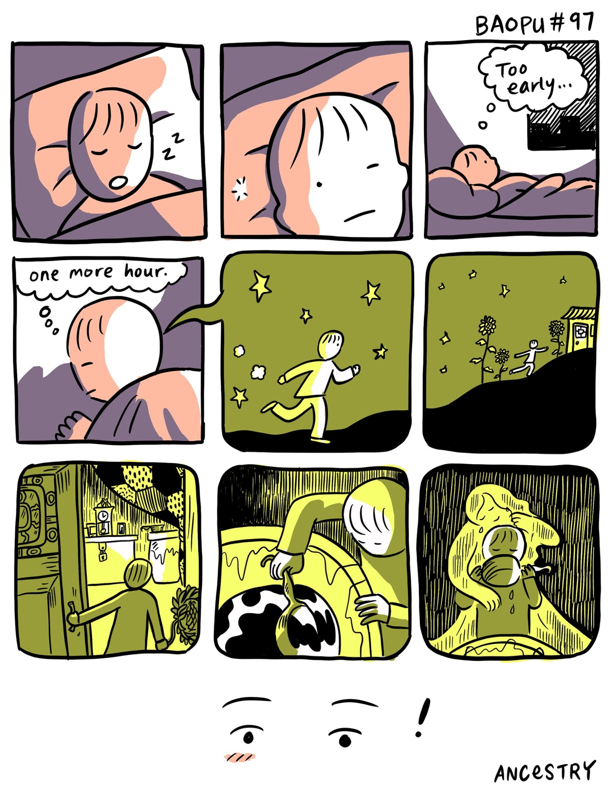 In a 12 panel comic, Yao falls asleep to a night sky that is shades of blush pink and purple. They awake too early and mumble "one more hour" before turning over and going back to asleep. The comic turns gold as we enter Yao's dream. Yao walks into a kitchen shaded in colors of Yellow, also at night, and then finds themself over a large pot of dark soup, which they stir with a spoon. They drink the soup and are hugged by a woman in their family. Yao wakes up with alert eyes and the final panel says "Ancestry!"