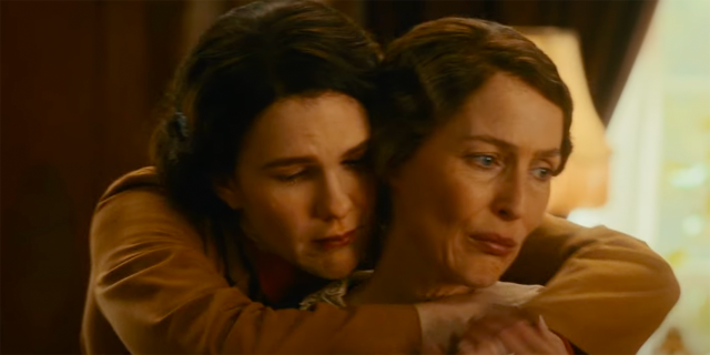 lily rabe as hick with her arms wrapped around gillian anderson as eleanor roosevelt