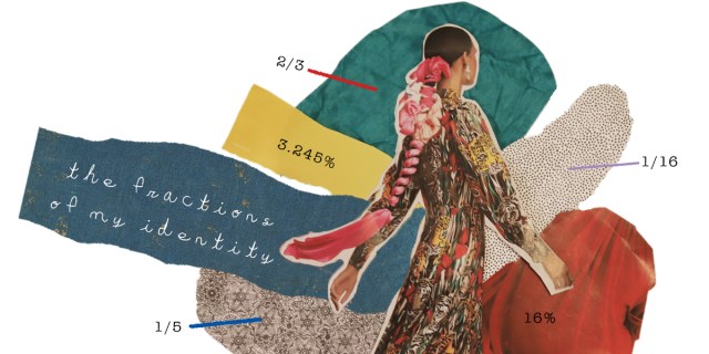A collage artwork featuring a central woman seen from the back wearing a vibrantly patterned dress with Tiger motifs and with her long hair braided with pink fabric. Her skin is a medium beige. Behind her are several swatches of fabric in various colors, each with percentages and fractions pointing at them such as 1/16.