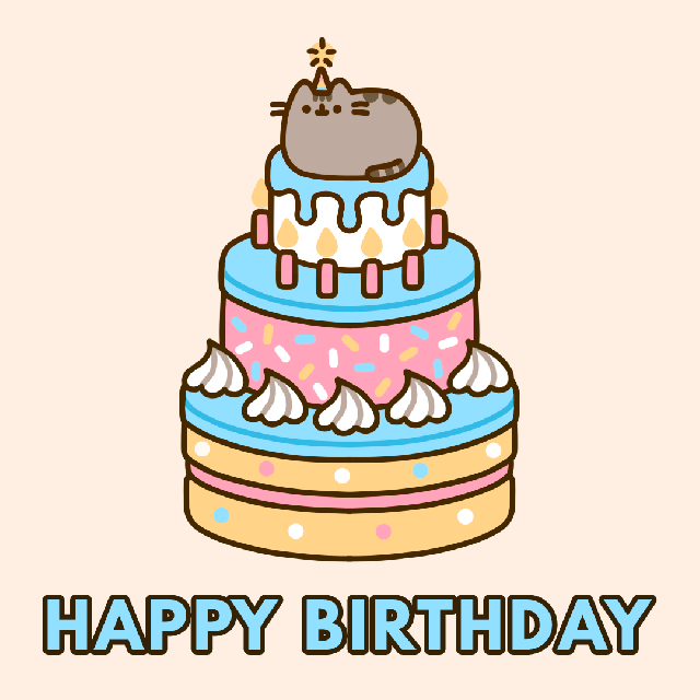 A gif of a cat hopping up and down on a three tier birthday cake with he words happy birthday underneath. The cat is grey and the cake has multi-colored pastel frosting.