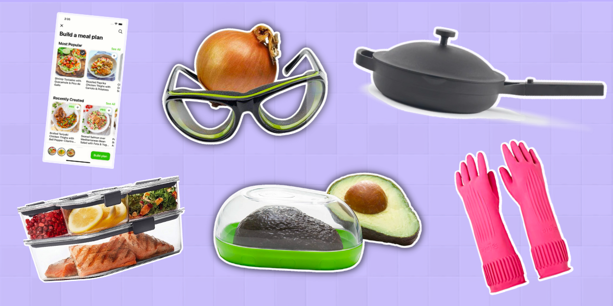 collage of kitchen products: mealtime app, onion goggles, always pan, storage containers and diswashing gloves