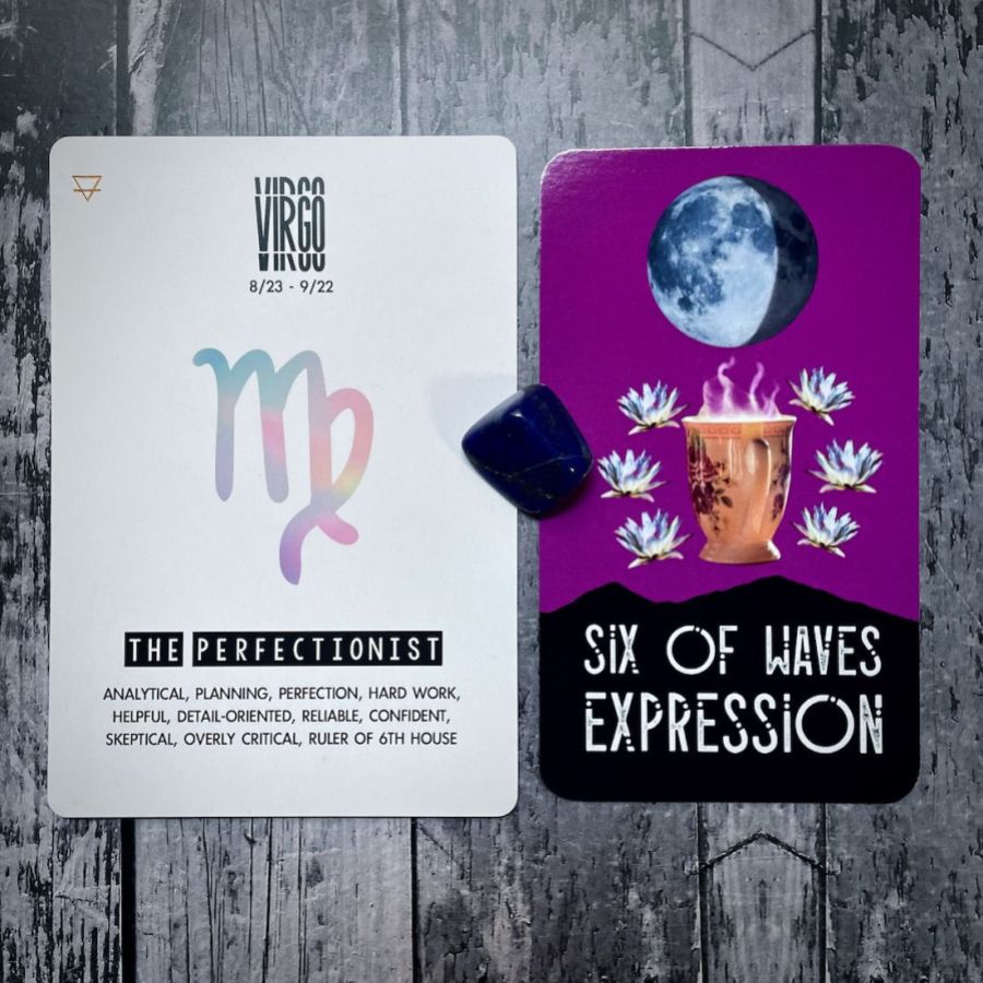 The Six of Waves Expression is a purple card with a moon in eclipse and hot mug with white flowers all around it, next to it is a card that says Virgo is The Perfectionist