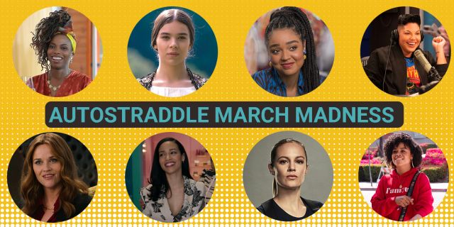 Feature: Yellow background with teal font that says "Autostraddle March Madness." Eight photos cropped into circles of different characters in the poll.