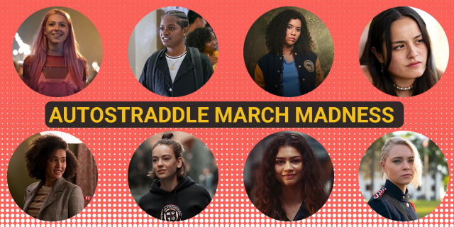 Pink background with yellow font that says "Autostraddle March Madness." Eight photos cropped into circles of different characters in the poll.