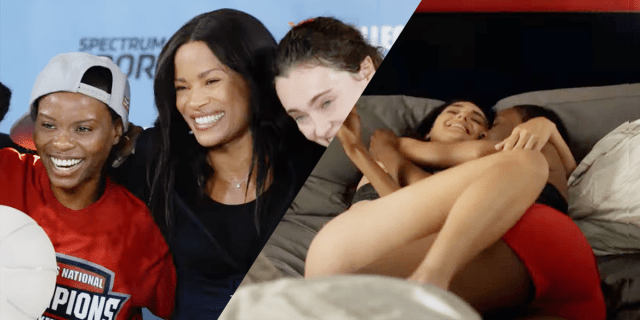 Two photo collage: Rose Rollins and one of the players on her team smiling. And one of the players in bed witha another.