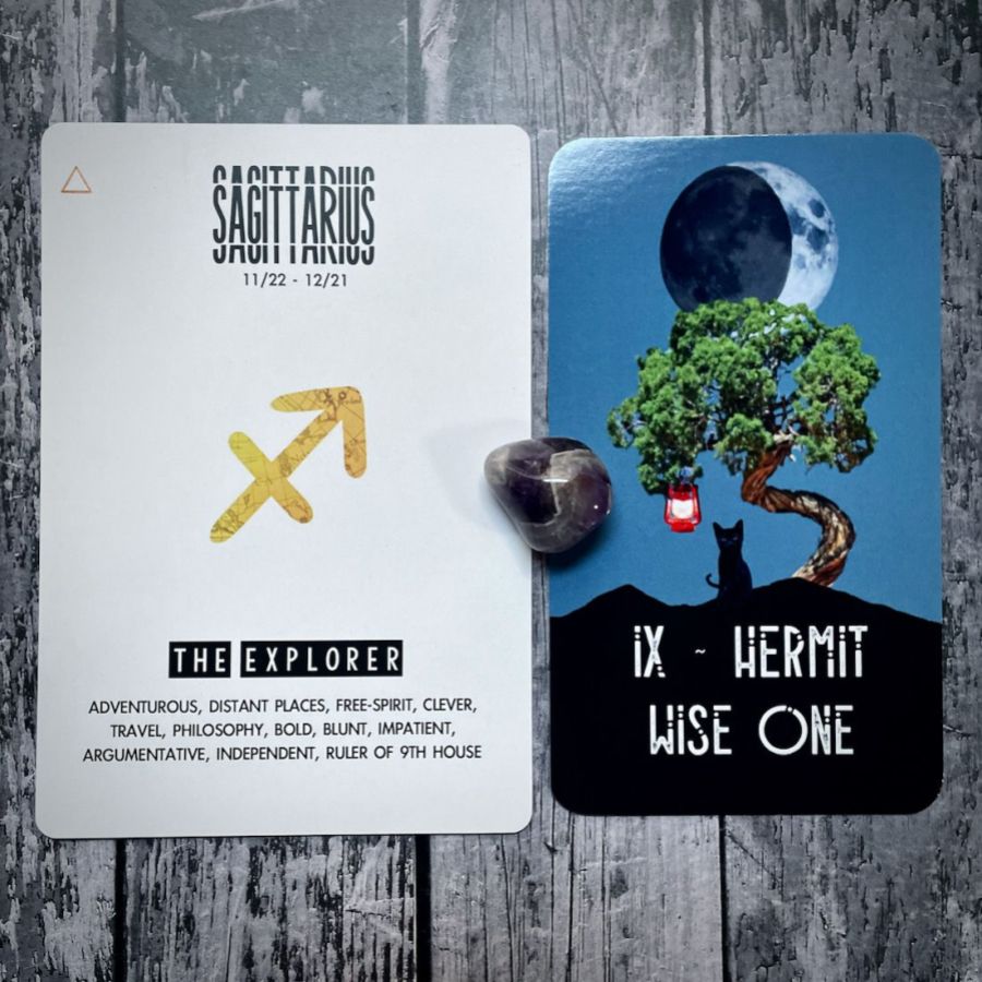 Hermit Wise One is a card with a blue sky, a dark moon, and a bright green tree with a black cat, next to it is a card that says Sagittarius is The Explorer