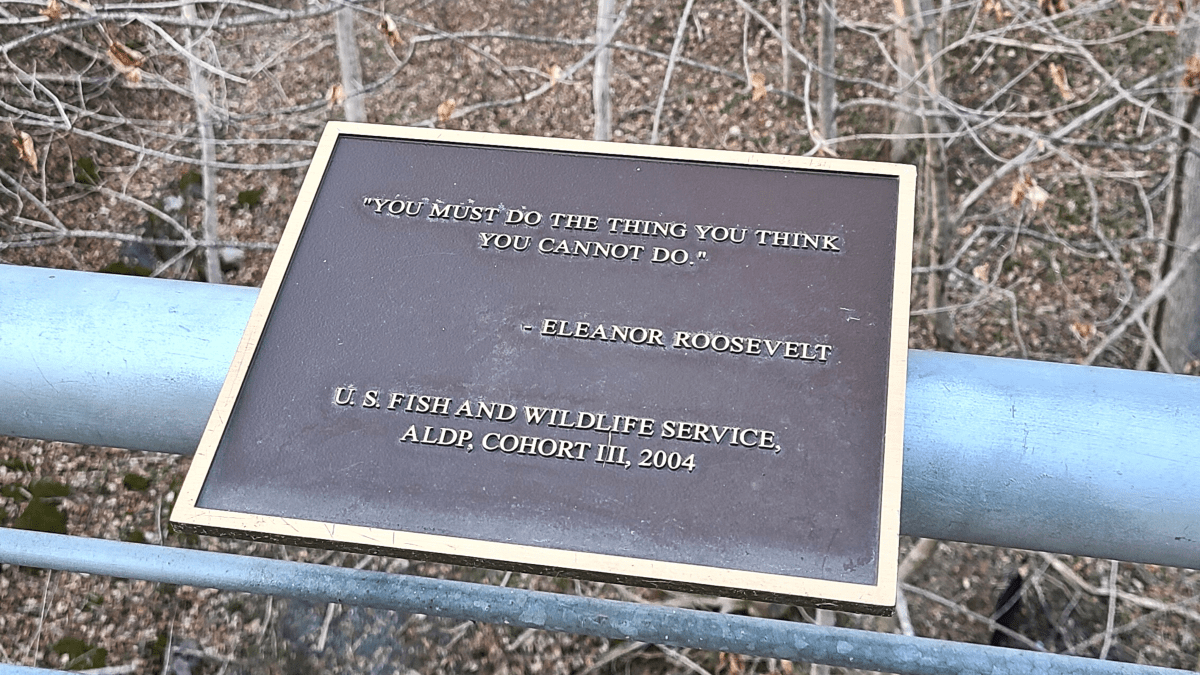 A close up of a bronze plaque on a metal railing. The plaque reads: "You must do the thing you think you cannot do" by Eleanor Roosevelt, from the U.S. Fish and Wildlife Service, ALDP, Cohort Ill, 2004. Behind the plaque are bare trees.