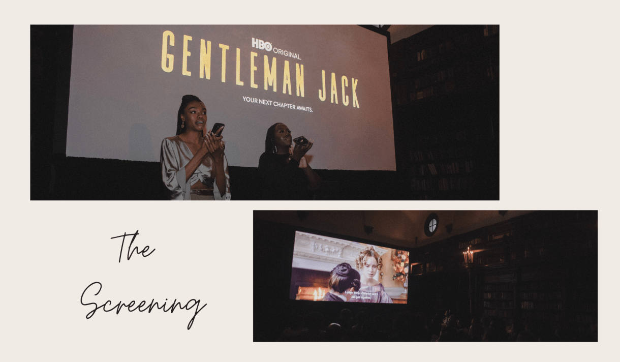 Two pictures: one of the HBO team introducing the screening in front of a "Gentleman Jack" logo projected on a screen & Ann Walker on the screen in the first episode of Gentleman Jack