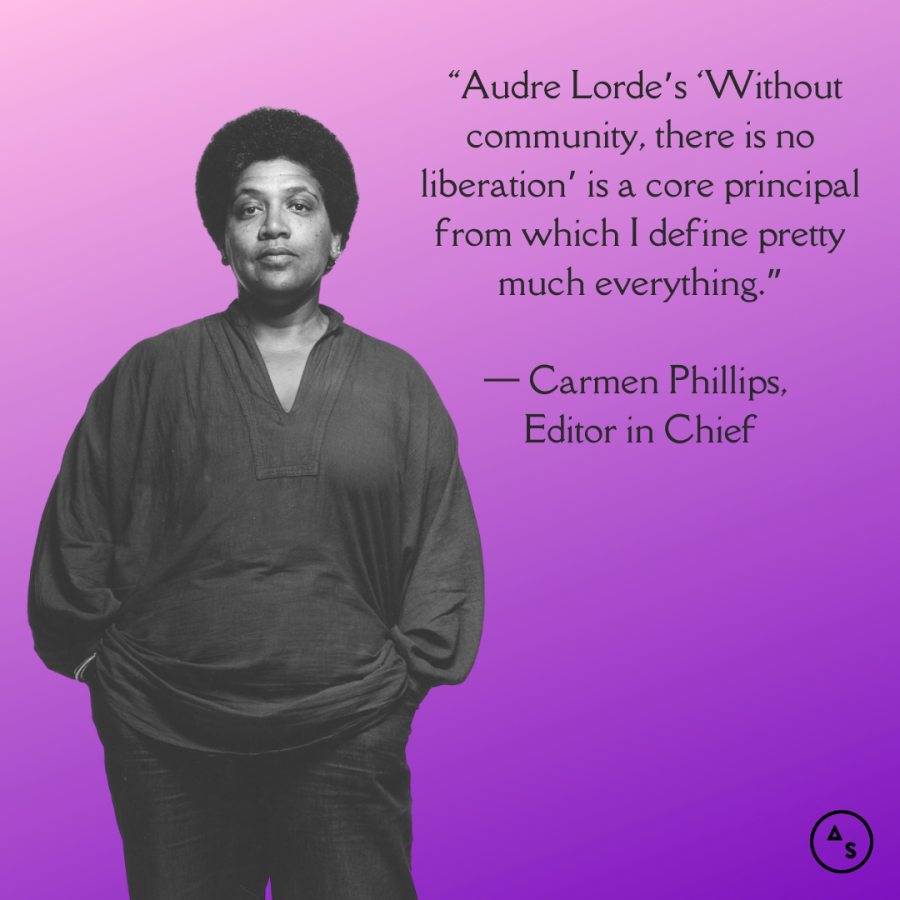 Audre Lorde stands with strong purpose in a black and white photo with her her hands in her pockets. She's in front of a purple background. In front of the background is the following text: “Audre Lorde’s ‘Without community, there is no liberation’ is a core principal from which I define pretty much everything.” (Photo by Jack Mitchell/Getty Images)