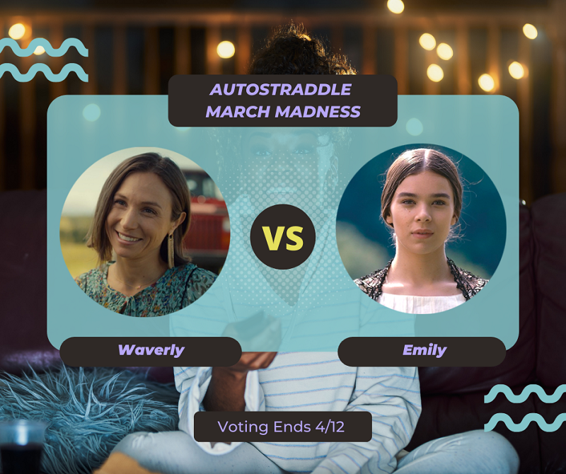  Background: a young Black woman smiling and watching TV with a remote in her hand, teal squiggles are illustrated on the sides of the photo. Foreground text in purple against a dark gray and teal background: Autostraddle March Madness / Waverly Earp vs. Emily. Voting ends 4/12.