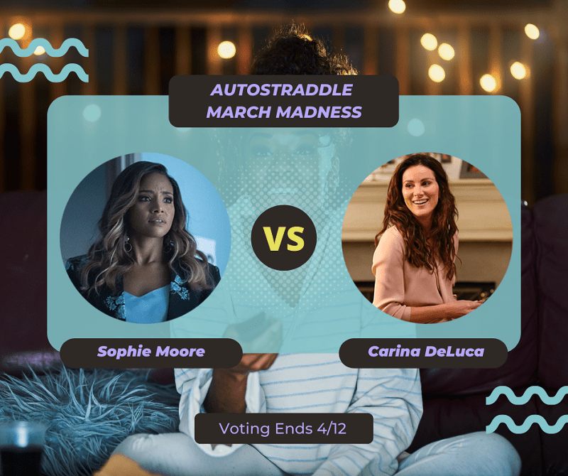  Background: a young Black woman smiling and watching TV with a remote in her hand, teal squiggles are illustrated on the sides of the photo. Foreground text in purple against a dark gray and teal background: Autostraddle March Madness / Sophie Moore vs. Carina DeLuca. Voting ends 4/12.