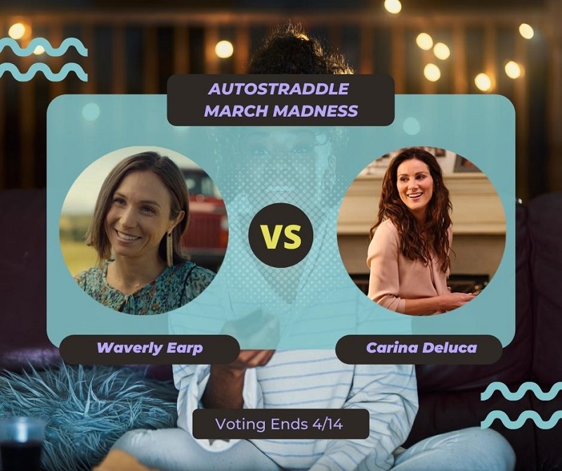 Background: a young Black woman smiling and watching TV with a remote in her hand, teal squiggles are illustrated on the sides of the photo. Foreground text in purple against a dark gray and teal background: Autostraddle March Madness / Waverly Earp vs. Carina DeLuca. Voting ends 4/14.