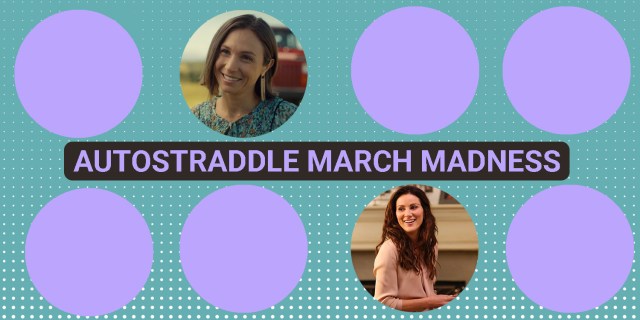 A teal background with purple text that says AUTOSTRADDLE MARCH MADNESS and eight cut-out circles: six purple circles alternate with the Final 2 characters in the competition.