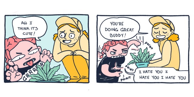 In a two panel comic in colors of pastel pink, mint green, and goldenrod — one queer says mean things to a plant and makes mean faces, “Grrrr! I hate you! I hate you!” Another queer talks kind to the plant, “Aw I think it’s cute! You’re doing great buddy!”