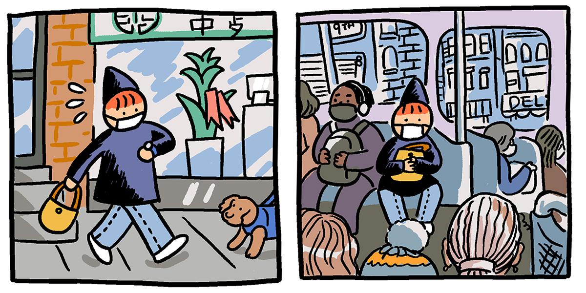In a two panel hand drawn comic, Baopu walks outside in a mask and also rides a train in a mask.