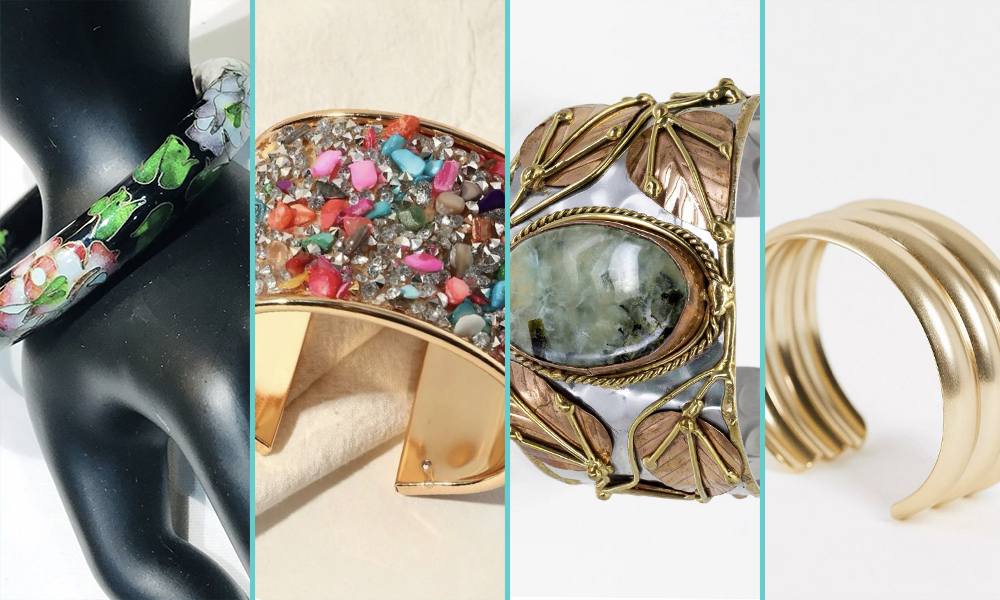 Photo 1: A pink and brass tone hinged bangle with a floral design. Photo 2: A multicolored stone cuff bracelet with gold accents. Photo 3: A cuff bracelet with gold leaves and a large green gemstone on it. Photo 4: A simple gold bangle