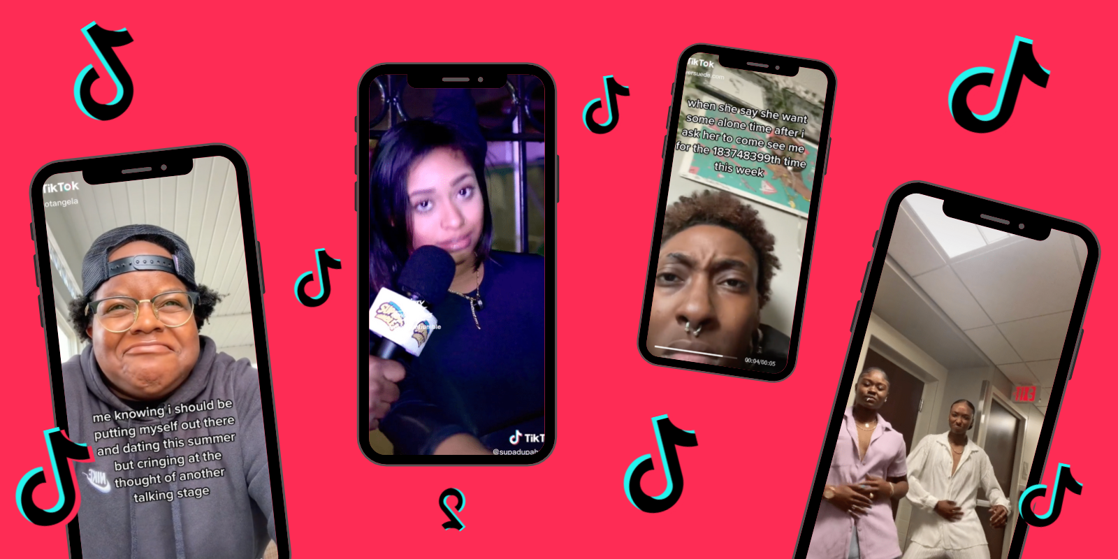 4 phones in a row with the tiktok symbol floating in between them on a Red background. Each phone has a different image of a queer person of color in the middle of performing their Tiktok