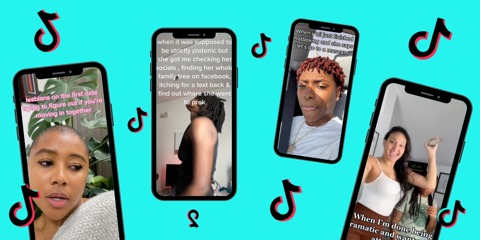4 phones with screenshots of Tiktoks made by Black and Brown queer creators on top of a teal colored background with the TikTok logo floating in between