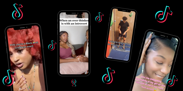 4 phones have screenshots of tiktoks on them, resting atop a black background with the tiktok logo floating in between them