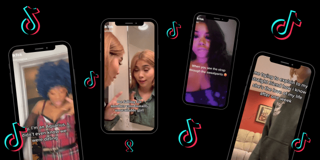 Image shows 4 phones with the tiktok logo floating in between them. From right to left a Black person with blue hair dancing in the hallway, Hayley Kiyoko talking to herself in the mirror, A Black person biting her lip looking into the camera, and a Black person with locs asking for advice right into the camera.