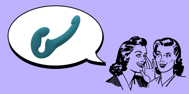 In the bottom right corner of the image, there is a black line drawing of two women with 1950s hair styles whispering to each other against a lavender background. In the upper left corner, there is a speech bubble. Inside the speech bubble, there is an image of the Fun Factory Share Lite, a teal, double-ended dildo with a bulbous end and a long shaft.