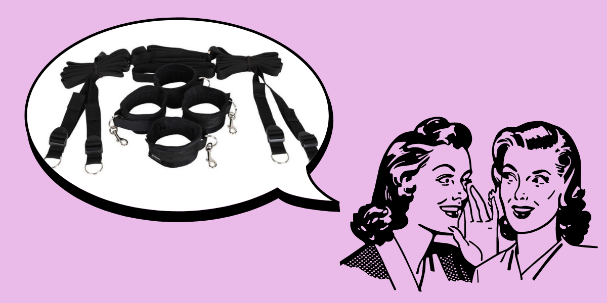 In the bottom right corner of the image, there is a black line drawing of two women with 1950s hairstyles whispering to each other against a pink background. In the upper left corner, there is a speech bubble. Inside the speech bubble, there is an image of black fabric restraints attached to long, black straps.