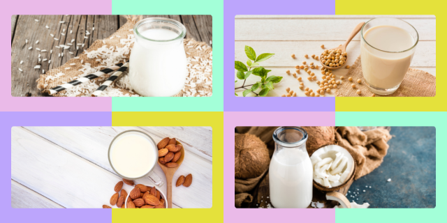 Photo 1: A jar of rice milk next to some rice. Photo 2: A glass of soy milk next to soy beans. Photo 3: A glass of almond milk next to a spoonful of almonds. Photo 4: A jar of coconut milk next to an open coconut.