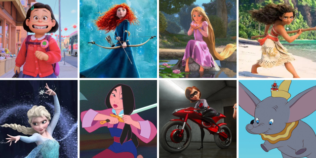 Eight movies featured in this list: Turning Red, Brave, Tangled, Moana, Frozen, Mulan, The Incredibles, Dumbo