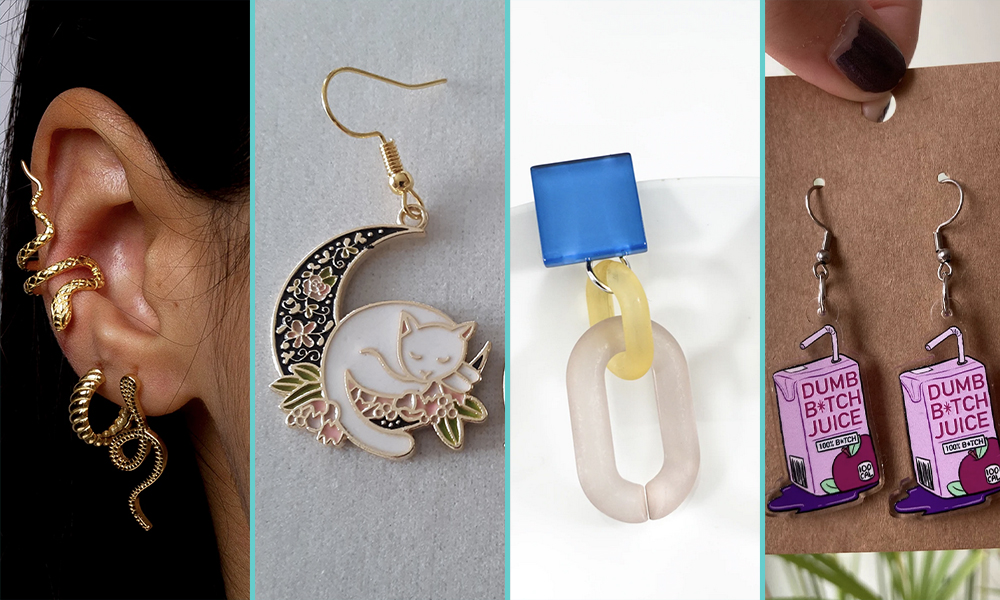 Photo 1: A gold snake ear cuff. Photo 2: An earring shaped like a cat on a crescent moon. Photo 3: A blue, yellow, and clear geometric shape earring. Photo 4: Earrings shaped like juice boxes that say DUMB B*TCH JUICE on them