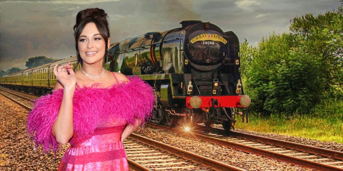 Kacy Musgraves in a hot pink dress with hot pink feathers is photoshopped in front of a photo of a moving train at sunset
