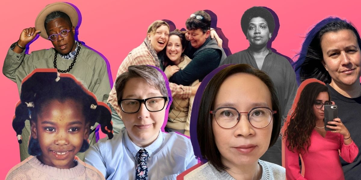 In a collage against a pink background, left to right in the back row: Cheryl Dunye playing with her hat, Vanessa Friedman hugging friends, Audre Lorde in black and white, and Natalie Diaz smirking at the camera. Front row, left to right: Shelli Nicole as a little girl on picture day, Heather Hogan smiling in a tie, Malinda Lo looking directly into camera with an intense gaze, and Kayla Kumari taking a selfie with her phone. All of these photos are highlighted with background shadows in the color of the lesbian pride flag.