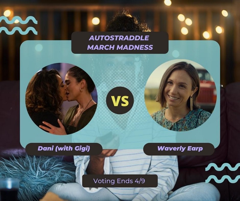 Background: a young Black woman smiling and watching TV with a remote in her hand, teal squiggles are illustrated on the sides of the photo. Foreground text in purple against a dark gray and teal background: Autostraddle March Madness / Dani (with Gigi) vs. Waverly Earp. Voting ends 4/9.