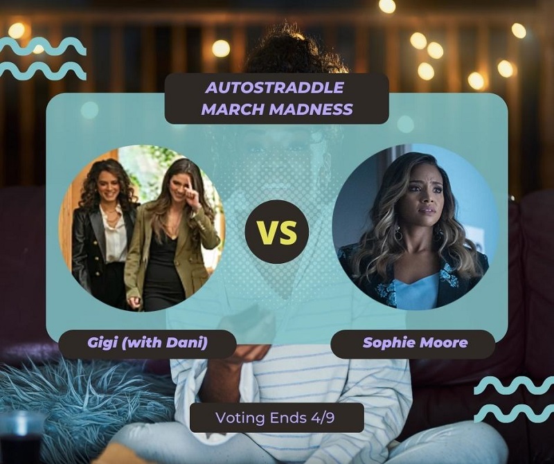 Background: a young Black woman smiling and watching TV with a remote in her hand, teal squiggles are illustrated on the sides of the photo. Foreground text in purple against a dark gray and teal background: Autostraddle March Madness / Gigi (with Dani) vs. Sophie. Voting ends 4/9.