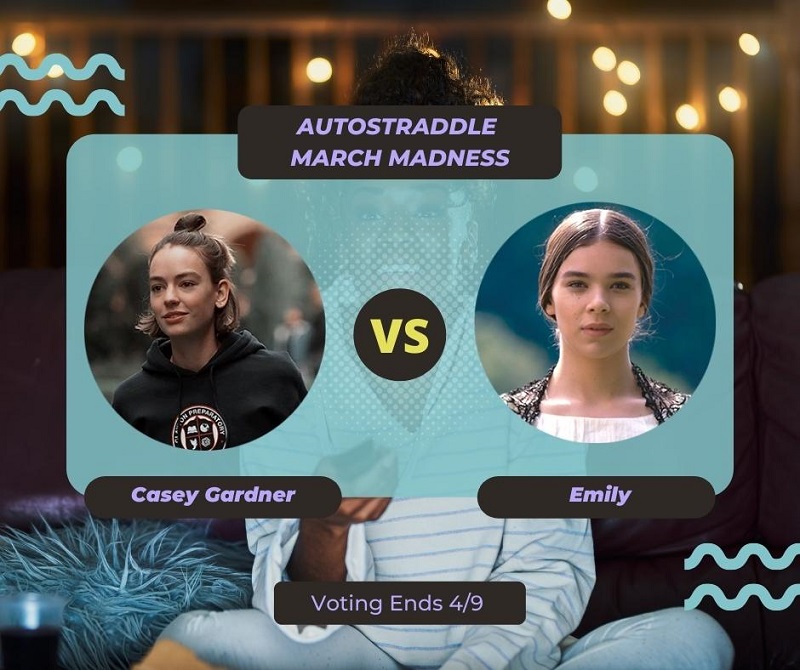 Background: a young Black woman smiling and watching TV with a remote in her hand, teal squiggles are illustrated on the sides of the photo. Foreground text in purple against a dark gray and teal background: Autostraddle March Madness / Casey Gardner vs. Emily Dickinson. Voting ends 4/9.