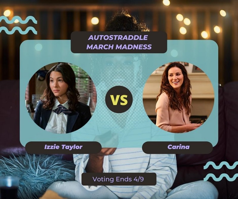 Background: a young Black woman smiling and watching TV with a remote in her hand, teal squiggles are illustrated on the sides of the photo. Foreground text in purple against a dark gray and teal background: Autostraddle March Madness / Izzie Taylor vs. Carina. Voting ends 4/9.