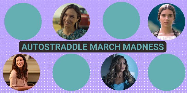A purple background with teal text that says AUTOSTRADDLE MARCH MADNESS and eight cut-out circles: four teal circles alternate with the Final 4 characters in the competition.
